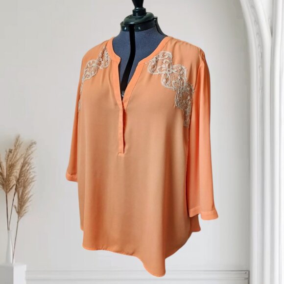 Chico's Orange V-Neck Blouse W/Embroidery Lace Accent Sz XXL/20 - Picture 1 of 9